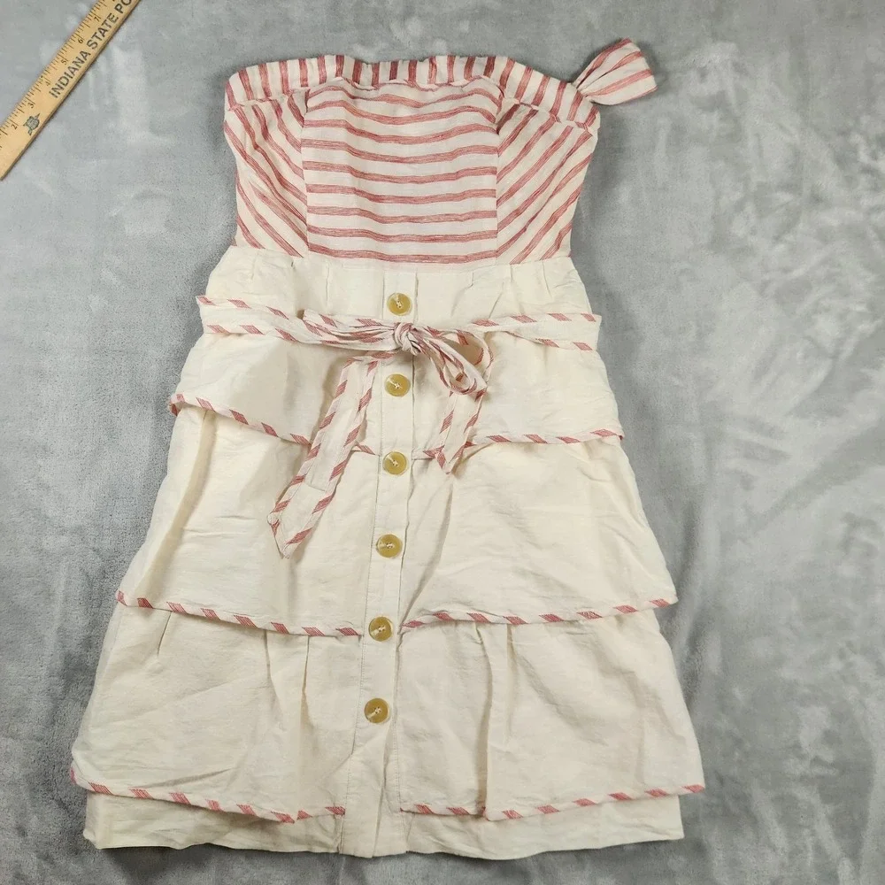 Anthropologie Maeve Sweet Shoppe Linen Red Stripe Tiered Strapless Dress 4